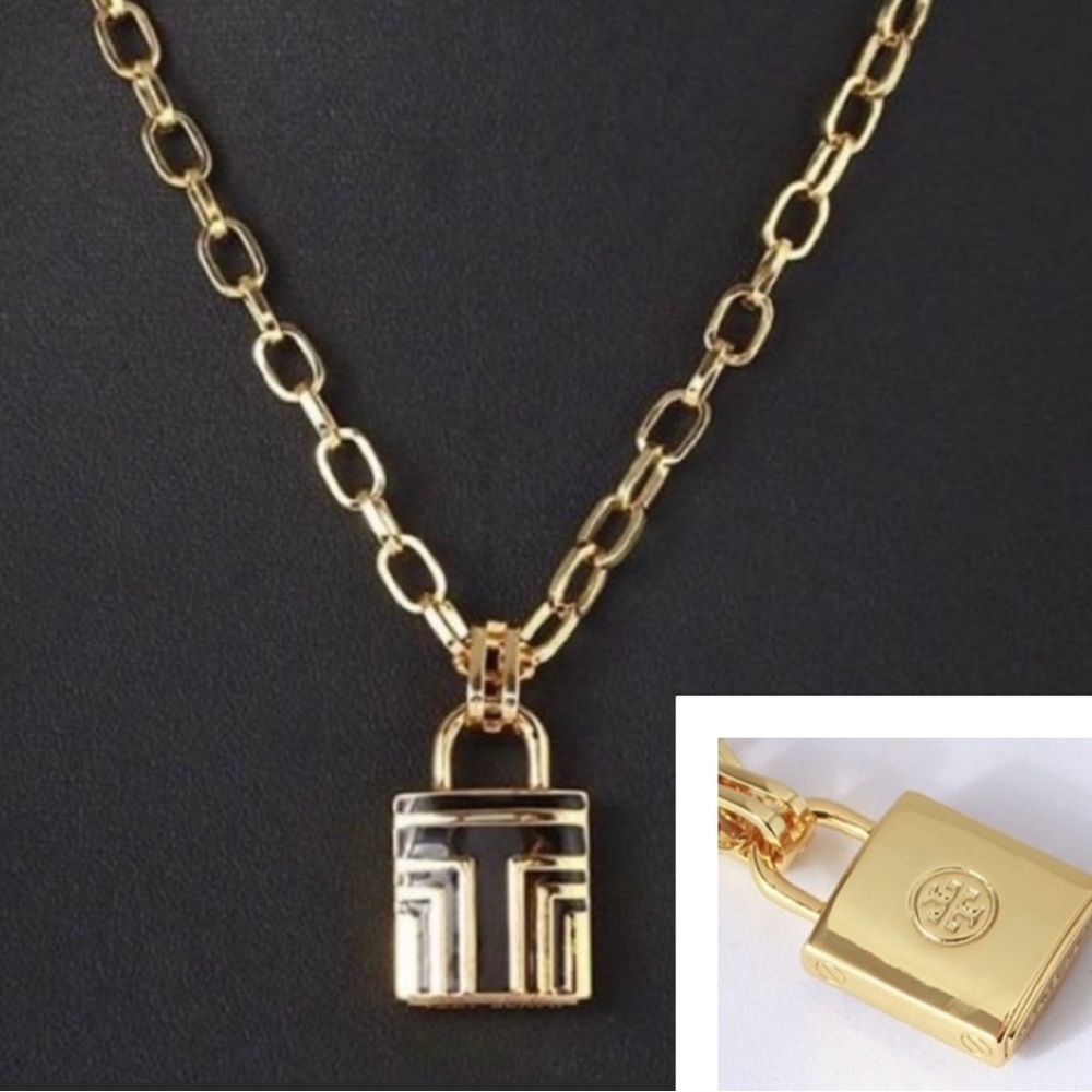NWT Tory Burch Double sided Padlock chunky gold necklace
